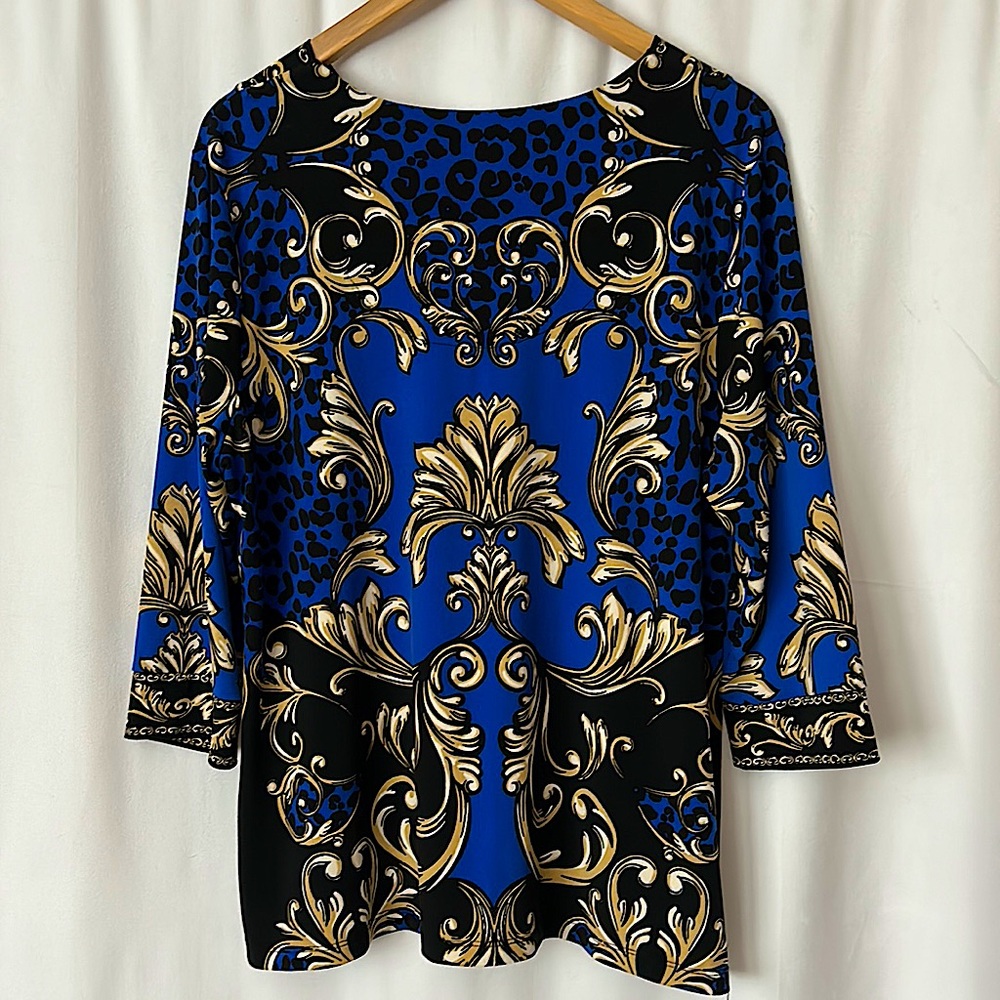 JM Collection Navy Blue/Gold Floral Studded 3/4 Sleeve Shirt Top **Size XLP** - Picture 2 of 4